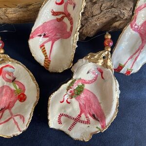 Fa la la flamingos, oyster shell ornaments set of 4